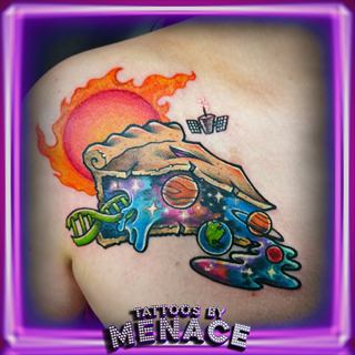 Color galaxy pizza slice tattoo on the shoulder
