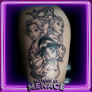 Black and grey Disney princesses tattoo on the arm