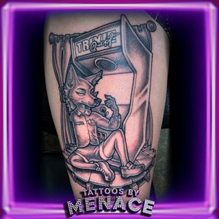 Black and grey pin-up and pinball machine tattoo