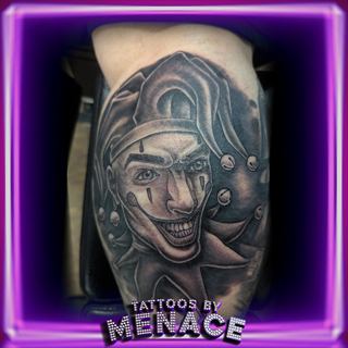 Black and grey Joker gladiator portrait tattoo