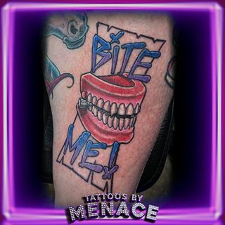 New school BITE ME chattering teeth tattoo in color