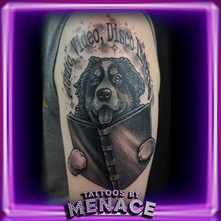 Black and grey dog portrait memorial tattoo with banner