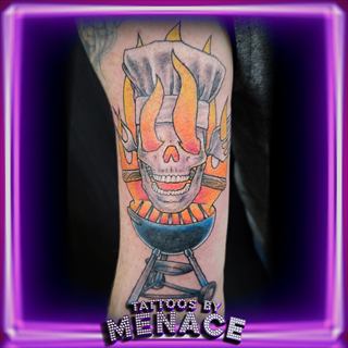 New school flaming skull on a barbecue grill tattoo