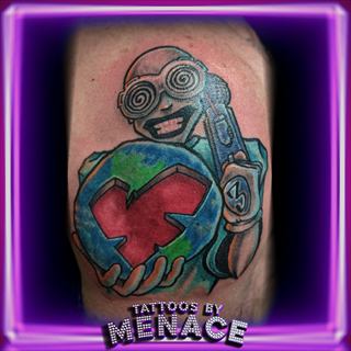 New school color robot holding a heart-shaped globe tattoo