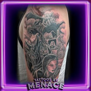 Black and grey Elder Scrolls dragon half sleeve tattoo