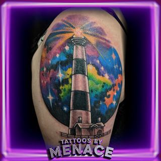 Color galaxy lighthouse shoulder cap tattoo
