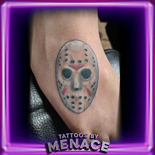 Jason Voorhees hockey mask tattoo on the foot