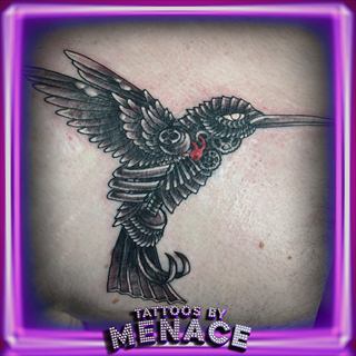Black and grey mechanical hummingbird tattoo