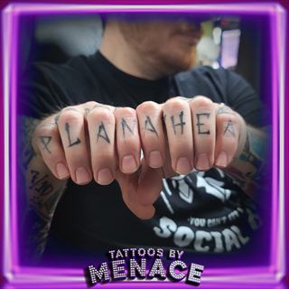 PLAN AHEA knuckle lettering tattoo