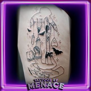Fine line hand and marionette tattoo