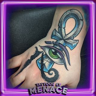 Color ankh and Eye of Horus hand tattoo